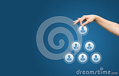 Human resources and corporate hierarchy concept - recruiter complete team by one leader person Stock Photo