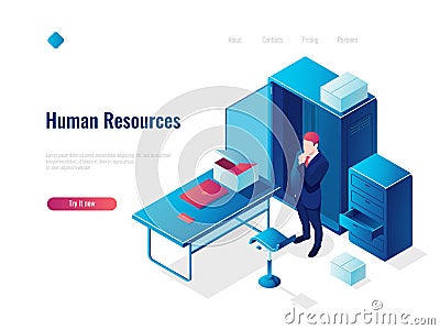 Human resources HR isometric icon concept, employment, office inside interior, table with chair, people thinking Vector Illustration
