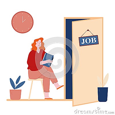 Human Resources, Hr Recruitment Concept. Candidate Woman with Cv in Hand Sitting on Chair Front of Door Vector Illustration