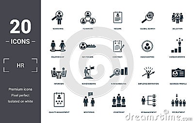 Human Resources icons set collection. Includes simple elements such as Searching, Teamwork, Resume, Global Search, Selection, Stock Photo