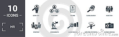 Human Resources icons set collection. Includes simple elements such as Searching, Teamwork, Resume, Global Search, Selection, Stock Photo