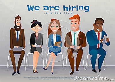 Human resources interview recruitment job concept. We are hiring text Vector Illustration