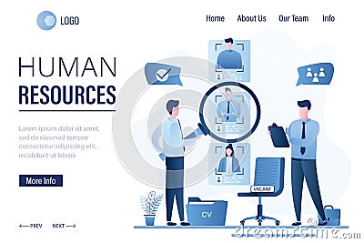 Human resources landing page template. Recruitment process concept. Business people select staff Vector Illustration