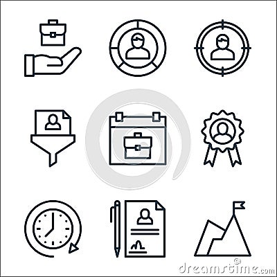 Human resources line icons. linear set. quality vector line set such as achievement, contract, clock, reward, schedule, filtering Vector Illustration