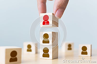 Human resources management and recruitment business build team concept. Hand putting wood cube block on top with icon Stock Photo