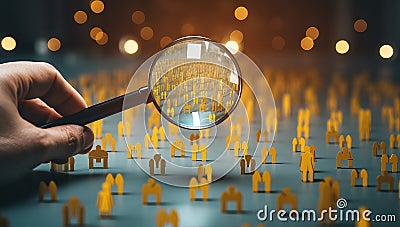 Human resources management and recruitment concept. Magnifying glass over crowd of people Stock Photo