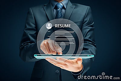 Human resources recruiter read resume on digital tablet Stock Photo
