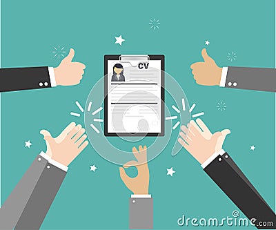 Human resources. Resume or curriculum vitae. Choice of person. Human hands clapping. Applaud hands. Hand gestures. Green Vector Illustration