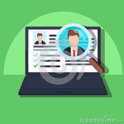 Human resources, staffing concept. Laptop with candidates list and magnifying glass with candidate icon. Cartoon Illustration