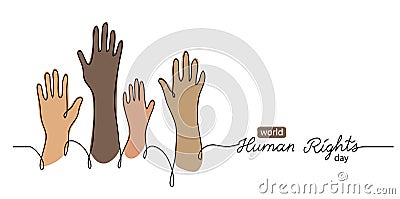 Human rights day concept, banner, background with color hands. One line drawing art illustration with lettering world Vector Illustration