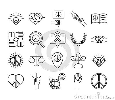 Human rights day, line icons set design, included heart peace law scale world Vector Illustration