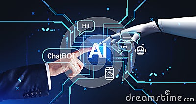 Human and robot finger touch, AI hologram and chat bot communication Stock Photo