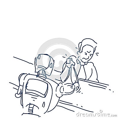 Human and robot hand in action of arm wrestling fight over white background sketch doodle Vector Illustration