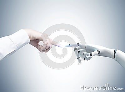 Human and robot hands reaching out, gray Stock Photo