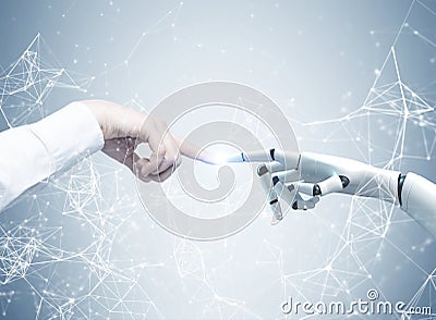 Human and robot hands reaching out, network Stock Photo