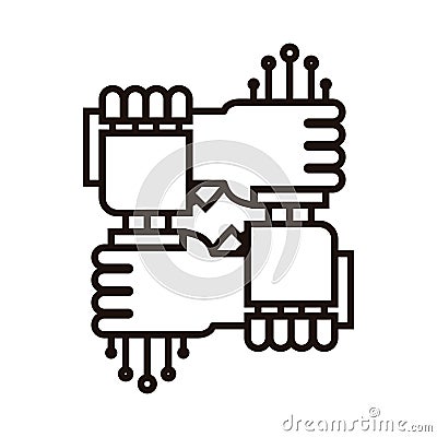 Human and robot hands together as one. Vector icon representing the benefits humans can have with artificial intelligence and Vector Illustration