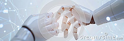 Human and robot hands touch on big data network connection backdrop for technological synergy Stock Photo