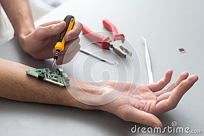 Human robotic hand in futuristic concept. Stock Photo