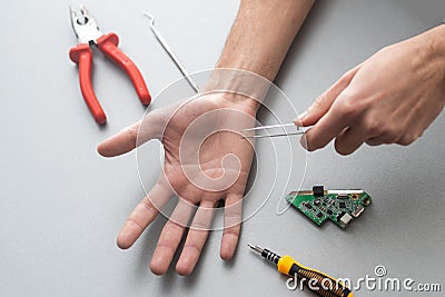 Human robotic hand in futuristic concept. Stock Photo
