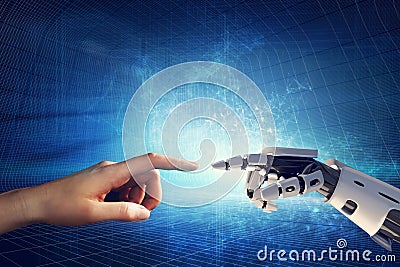 Human and robotic hand touching fingers Stock Photo