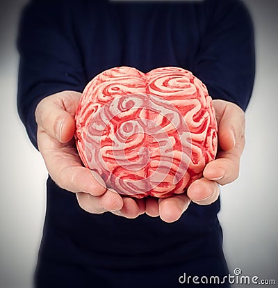 Human rubber brain between the hands Stock Photo