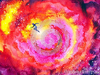 Human rush run in fire flame abstract art spiritual mind aura universe watercolor painting illustration design drawing Cartoon Illustration