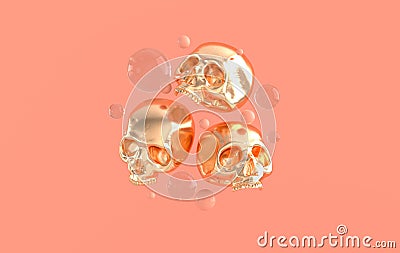 Human scull 3d rendering. Golden death`s-head on pastel colored background. Scary halloween dead skeleton head symbol Stock Photo