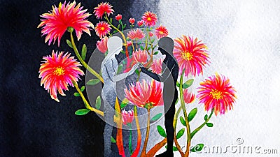 Human shadow black white connect universe spiritual mind body soul flower healing spirit connection abstract art watercolor Cartoon Illustration
