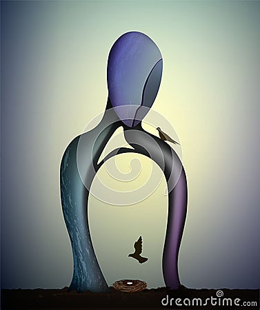 Human shape with tree growing insideand nest with pigeons, Concept of hope and home. Vector Illustration