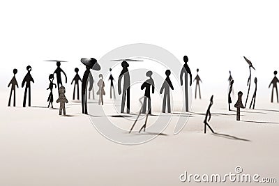 Human-shaped figures of all ages, standing on a flat, metallic-looking background. Ai generated Stock Photo