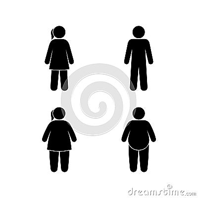 Human silhouette man and woman, toilet door symbol, slim and fat people stand side by side, stick man icon, obesity Vector Illustration