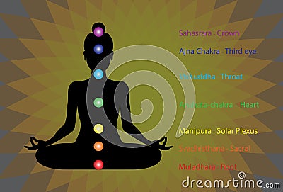 Human silhouette in yoga lotus pose with seven chakras Vector Illustration