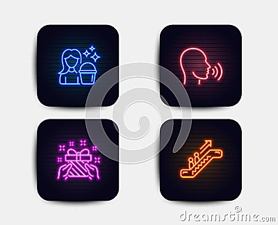 Human sing, Gift and Cleaning icons. Escalator sign. Talk, Present, Maid service. Elevator. Vector Vector Illustration