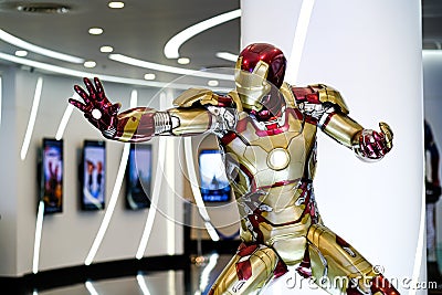 Human Size Ironman Model Display at the store, Iron man cosplayer poses at Festival del Fumetto Editorial Stock Photo