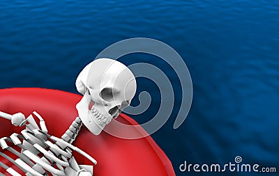 3d rendering. A human skeleton bone lying on red life rescue boat alone on blue water surface background. with clipping path Stock Photo