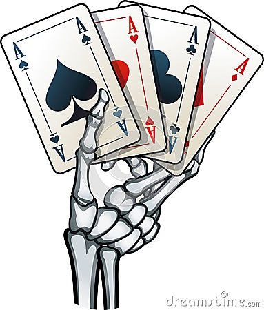 Human skeleton hand holding four aces Vector Illustration