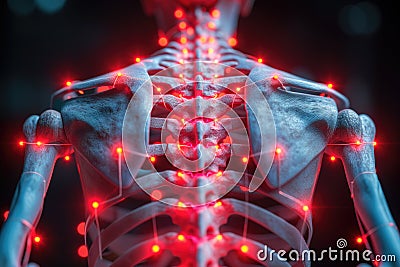 Human skeleton, hernia of the cervical spine, neck pain, backache, spondylosis of the intervertebral disc, health problems concept Cartoon Illustration