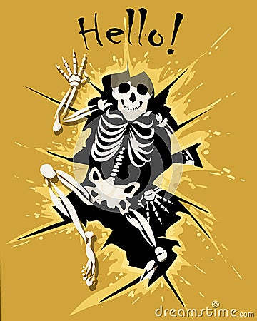 Human Skeleton Look Out of Wall Hole Vector Illustration