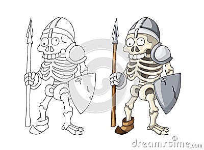 Human Skeleton Warrior Standing with Spear and Shield cartoon Character Vector Illustration