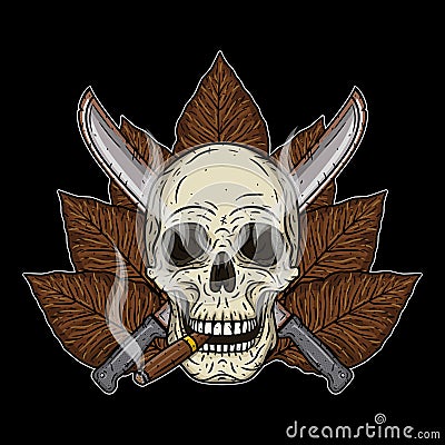 Human skull with a cigar and crossed machetes. Vector Illustration