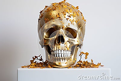 a human skull covered in gold leaf, placed on a white pedestal Stock Photo