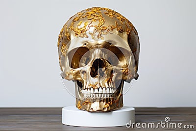 a human skull covered in gold leaf, placed on a white pedestal Stock Photo