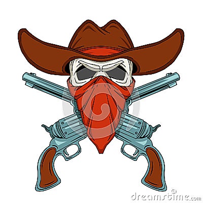 Human skull in cowboy hat crossed revolvers Vector Illustration