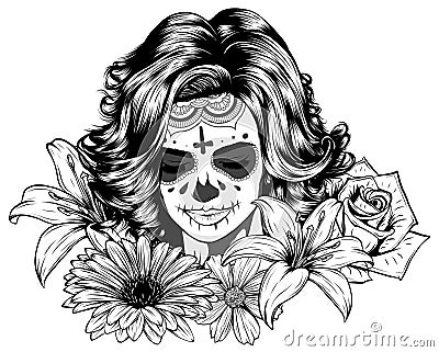 Human skull and flower wreath. Los muertos. Vector illustration. Vector Illustration