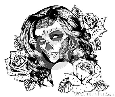 Human skull and flower wreath. Los muertos. Vector illustration. Vector Illustration