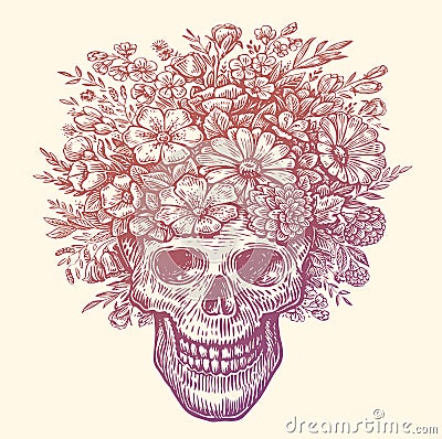 Human skull with flowers wreath on head. Hand drawn vector illustration Vector Illustration