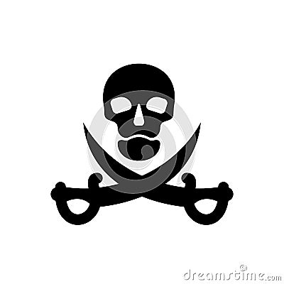 Human skull in full face and crossed sabers. Pirate sign and symbol for design. Isolated illustration in flat style on white Vector Illustration