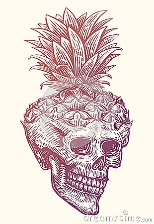 Human skull pineapple. Hand drawn vintage sketch vector illustration Vector Illustration