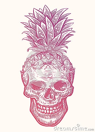 Human skull pineapple, vector illustration. Creative cool funny print for t-shirt design, poster, banner, tattoo Vector Illustration
