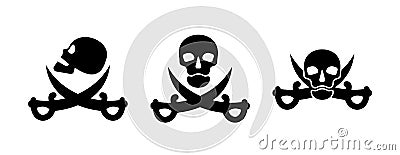 Human skull in side and full face view and crossed sabers. Pirate sign and symbol for design. Isolated illustration in flat style Vector Illustration